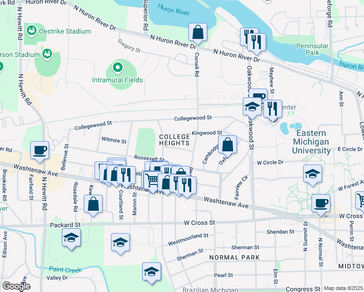 map of restaurants, bars, coffee shops, grocery stores, and more near 1436 Witmire Street in Ypsilanti
