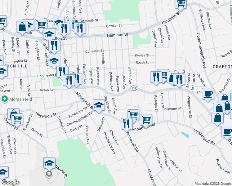 map of restaurants, bars, coffee shops, grocery stores, and more near 587 Grafton Street in Worcester