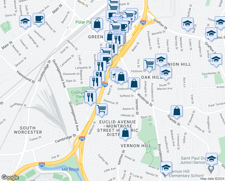 map of restaurants, bars, coffee shops, grocery stores, and more near 102 Endicott Street in Worcester