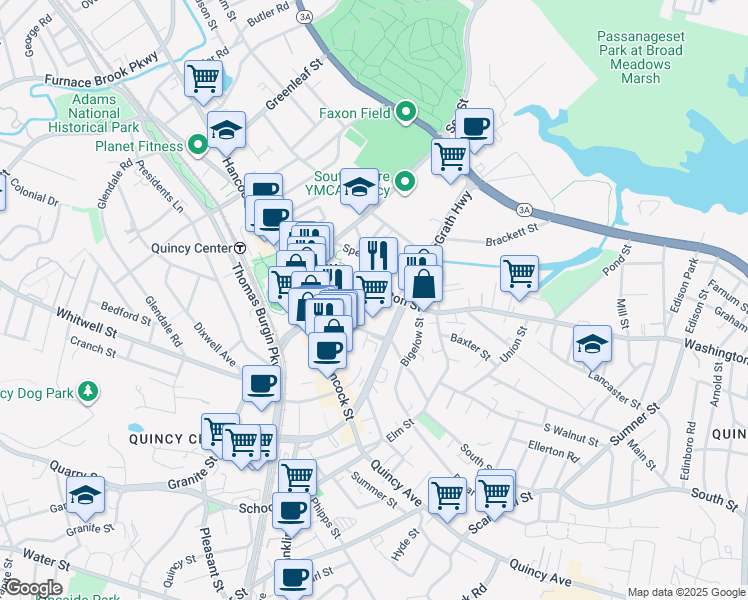 map of restaurants, bars, coffee shops, grocery stores, and more near 91 Washington Street in Quincy