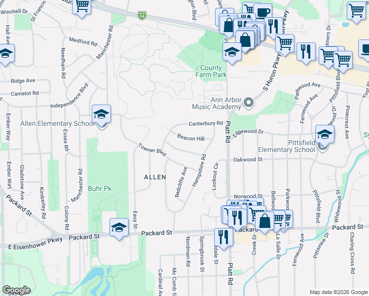 map of restaurants, bars, coffee shops, grocery stores, and more near 2731 Cumberland Avenue in Ann Arbor