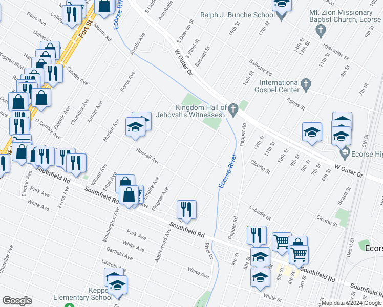 map of restaurants, bars, coffee shops, grocery stores, and more near 1359 Pingree Avenue in Lincoln Park