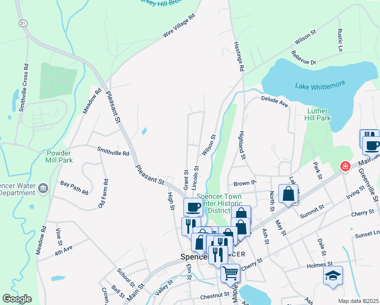 map of restaurants, bars, coffee shops, grocery stores, and more near 32 Grant Street in Spencer