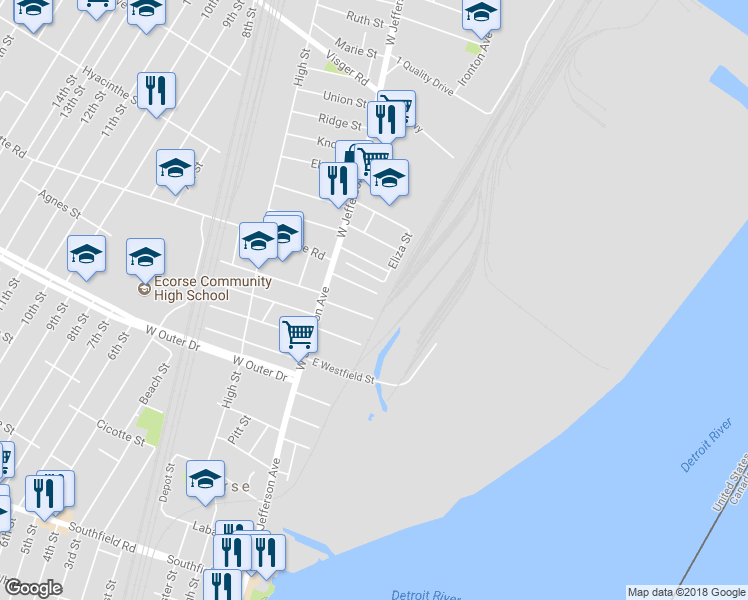 map of restaurants, bars, coffee shops, grocery stores, and more near 42 Cherrygrove Street in Ecorse