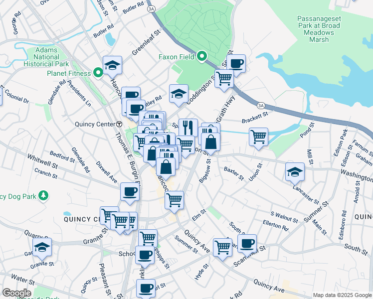 map of restaurants, bars, coffee shops, grocery stores, and more near 91 Washington Street in Quincy