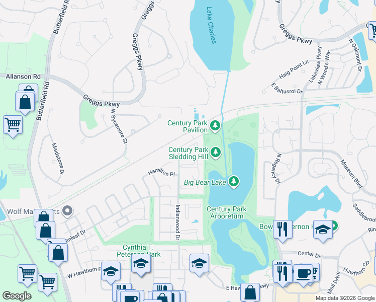 map of restaurants, bars, coffee shops, grocery stores, and more near 21 Cedar Court in Vernon Hills