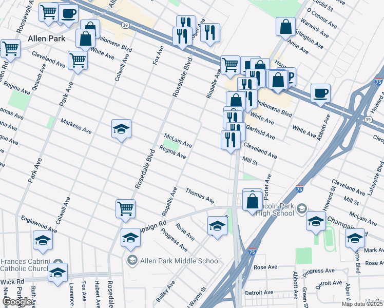 map of restaurants, bars, coffee shops, grocery stores, and more near 2171 McLain Avenue in Lincoln Park