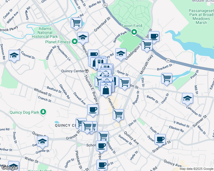 map of restaurants, bars, coffee shops, grocery stores, and more near 1358 Hancock Street in Quincy