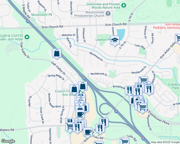 map of restaurants, bars, coffee shops, grocery stores, and more near 1435 Northbrook Drive in Ann Arbor