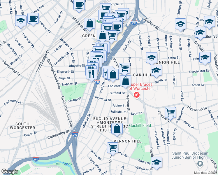 map of restaurants, bars, coffee shops, grocery stores, and more near 110 Endicott Street in Worcester