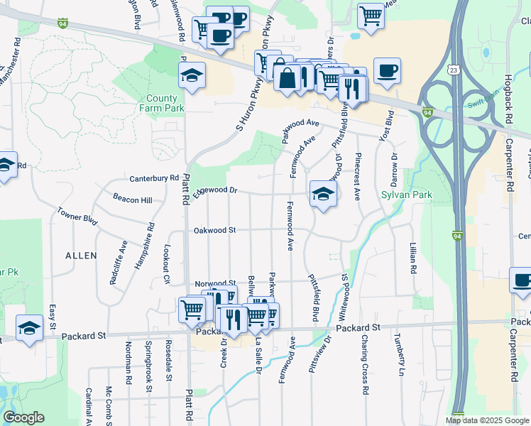 map of restaurants, bars, coffee shops, grocery stores, and more near 2566 Parkwood Avenue in Ann Arbor