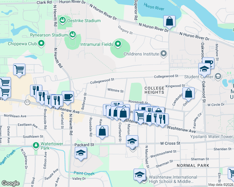map of restaurants, bars, coffee shops, grocery stores, and more near 1905 Witmire Street in Ypsilanti