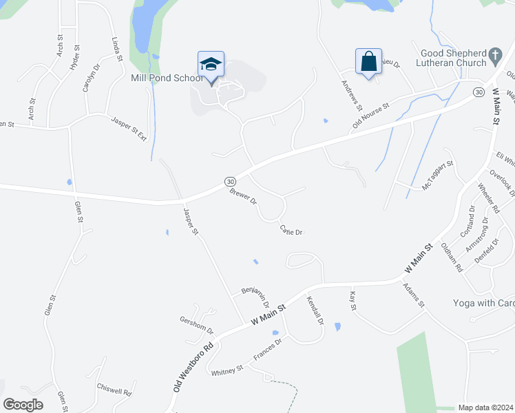 map of restaurants, bars, coffee shops, grocery stores, and more near 22 Brewer Drive in Westborough