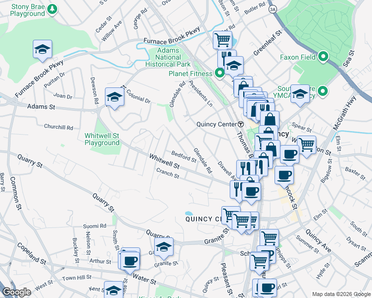 map of restaurants, bars, coffee shops, grocery stores, and more near 46 Euclid Avenue in Quincy