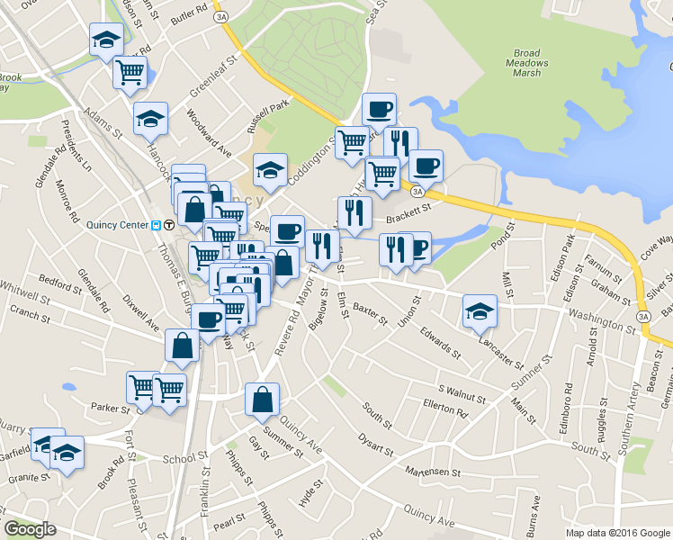 map of restaurants, bars, coffee shops, grocery stores, and more near 10 Glynn Terrace in Quincy