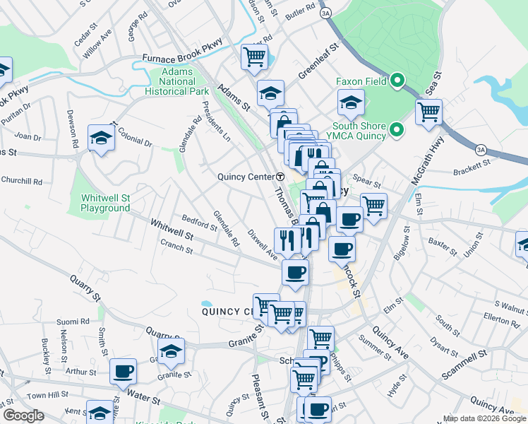 map of restaurants, bars, coffee shops, grocery stores, and more near 14 Avon Way in Quincy