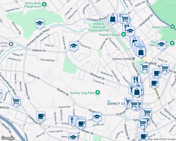 map of restaurants, bars, coffee shops, grocery stores, and more near 111 Whitwell Street in Quincy