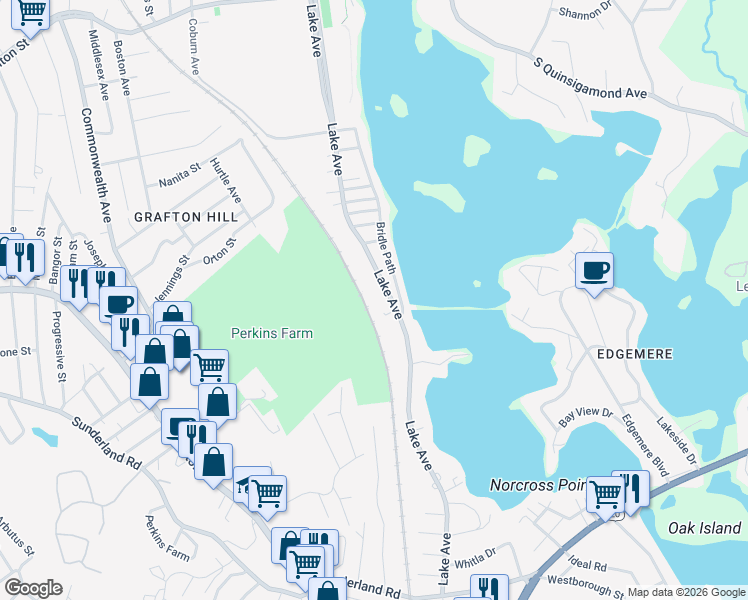 map of restaurants, bars, coffee shops, grocery stores, and more near 394 Lake Avenue in Worcester