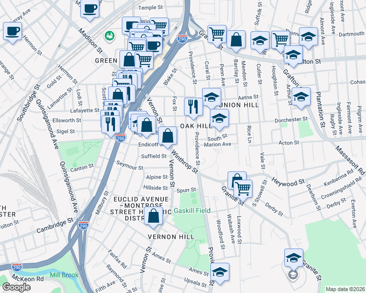 map of restaurants, bars, coffee shops, grocery stores, and more near 67 Vernon Street in Worcester
