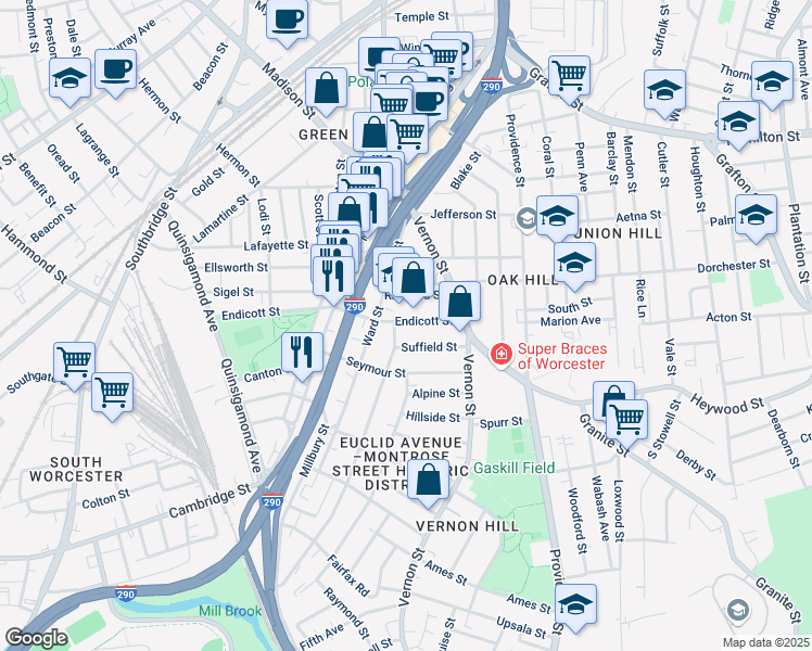 map of restaurants, bars, coffee shops, grocery stores, and more near 110 Endicott Street in Worcester