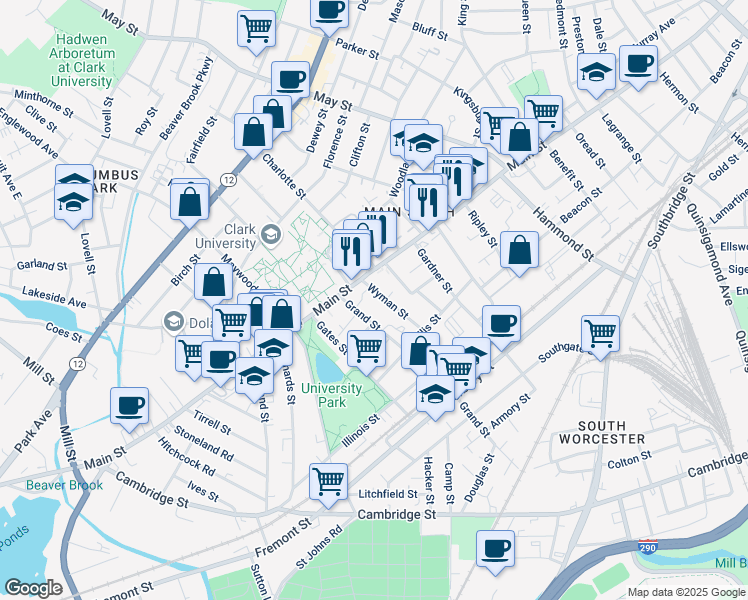 map of restaurants, bars, coffee shops, grocery stores, and more near 4 Wyman Street in Worcester