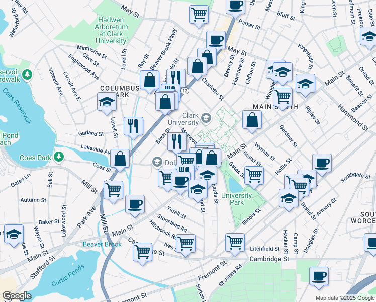 map of restaurants, bars, coffee shops, grocery stores, and more near 75 Florence Street in Worcester