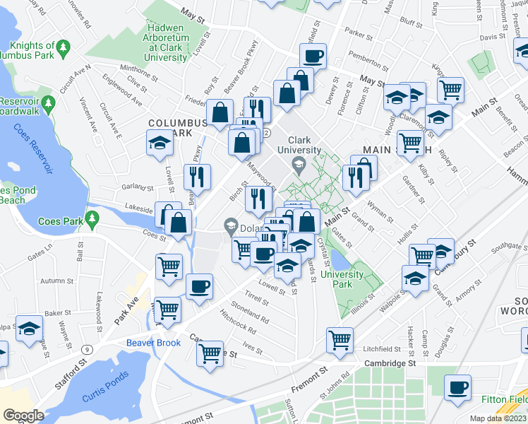 map of restaurants, bars, coffee shops, grocery stores, and more near 75 Florence Street in Worcester