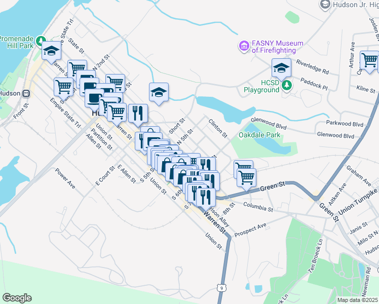 map of restaurants, bars, coffee shops, grocery stores, and more near 64 Dodge Street in Hudson