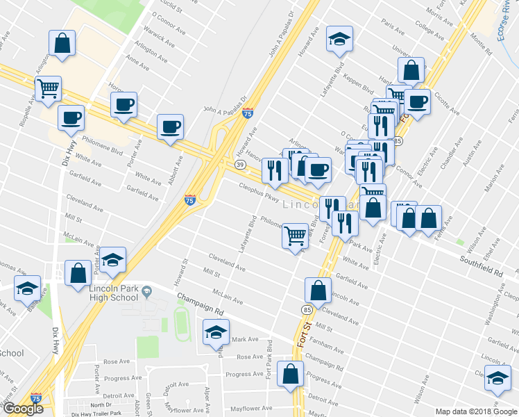 map of restaurants, bars, coffee shops, grocery stores, and more near 1488 Philomene Boulevard in Lincoln Park