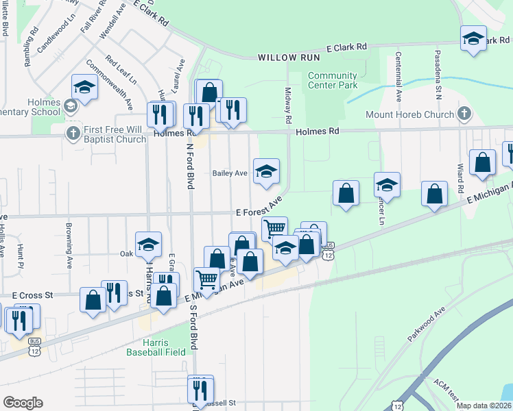 map of restaurants, bars, coffee shops, grocery stores, and more near 1691 East Forest Avenue in Ypsilanti