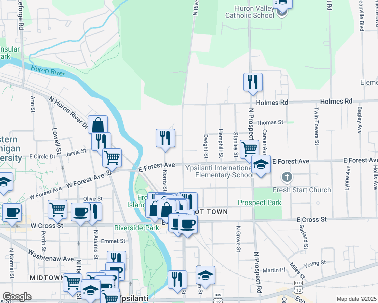 map of restaurants, bars, coffee shops, grocery stores, and more near 716 North River Street in Ypsilanti