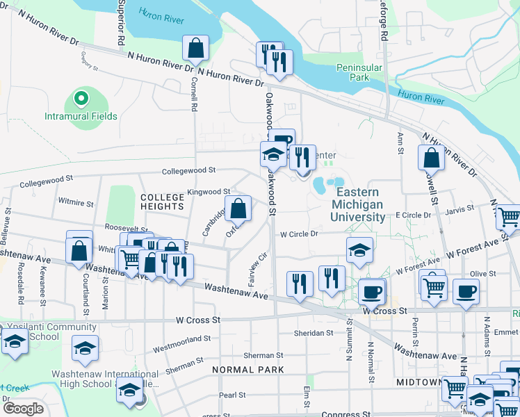 map of restaurants, bars, coffee shops, grocery stores, and more near 721 Collegewood Street in Ypsilanti