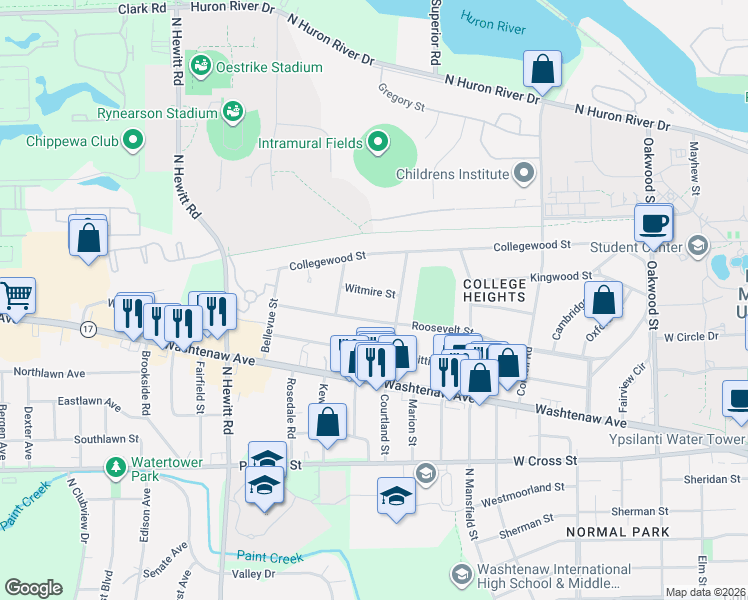 map of restaurants, bars, coffee shops, grocery stores, and more near 1905 Witmire Street in Ypsilanti