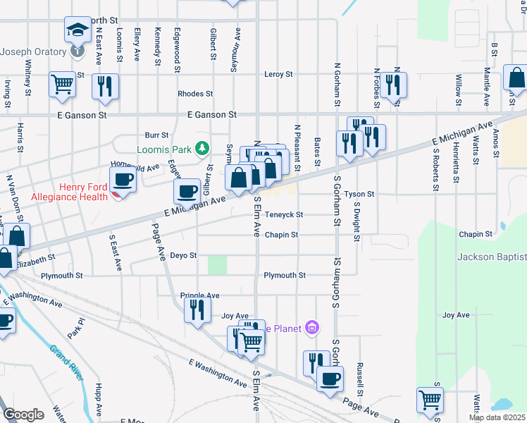 map of restaurants, bars, coffee shops, grocery stores, and more near 121 South Elm Avenue in Jackson