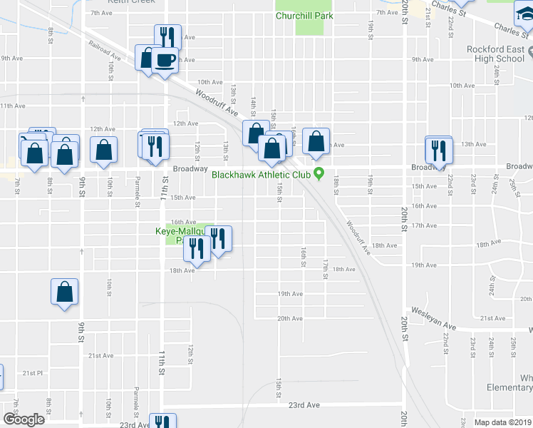 map of restaurants, bars, coffee shops, grocery stores, and more near 1928 16th Avenue in Rockford