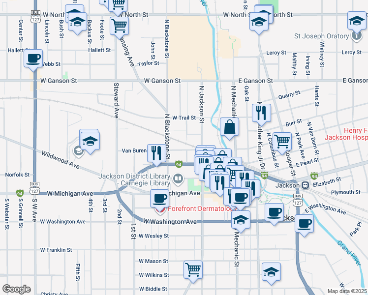 map of restaurants, bars, coffee shops, grocery stores, and more near 232 Van Buren Street in Jackson