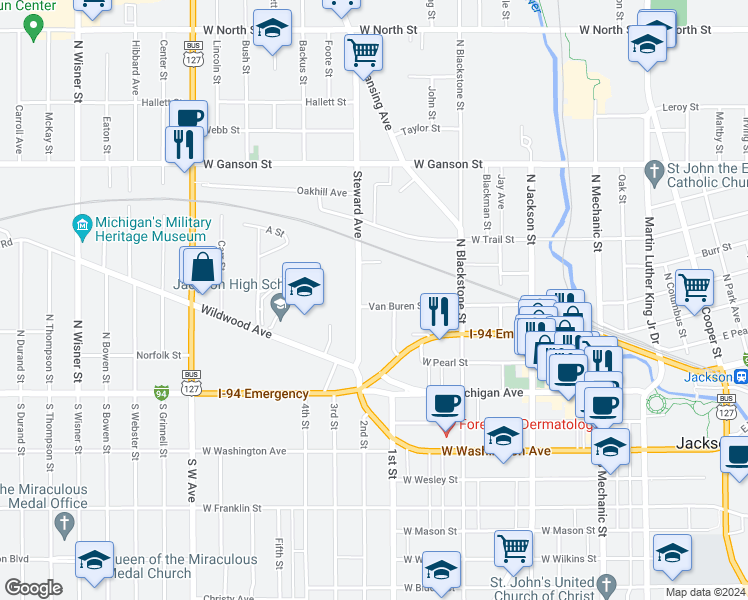 map of restaurants, bars, coffee shops, grocery stores, and more near 408 Van Buren Street in Jackson