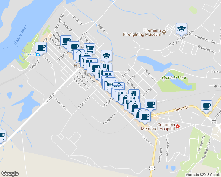 map of restaurants, bars, coffee shops, grocery stores, and more near 438 Warren Street in Hudson