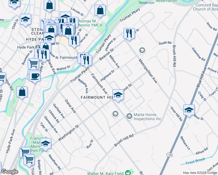 map of restaurants, bars, coffee shops, grocery stores, and more near 85 Warren Avenue in Hyde Park