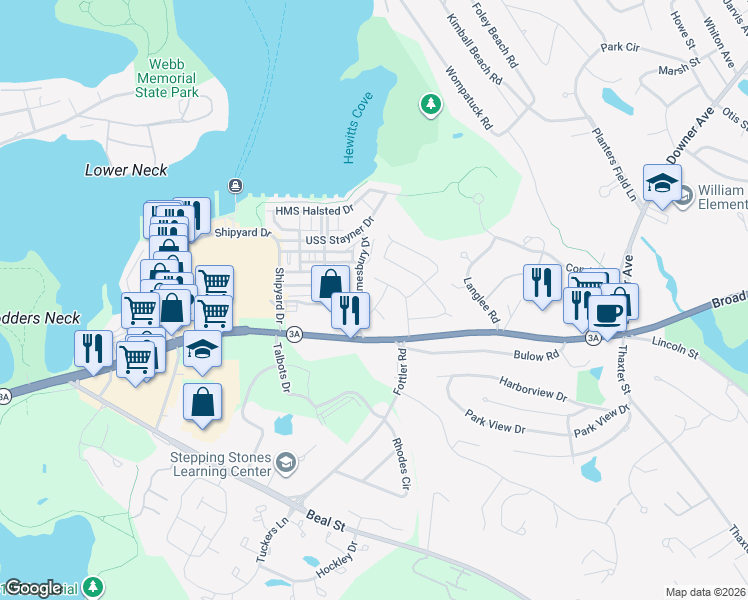map of restaurants, bars, coffee shops, grocery stores, and more near 5 Juniper Road in Hingham