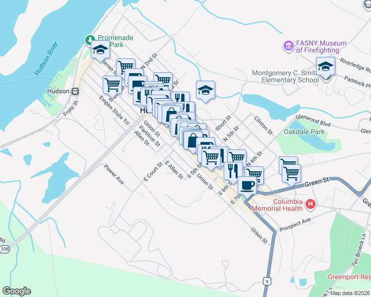 map of restaurants, bars, coffee shops, grocery stores, and more near 429 Warren Street in Hudson