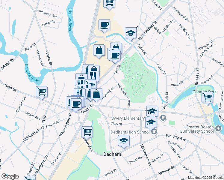 map of restaurants, bars, coffee shops, grocery stores, and more near 54 Harvard Street in Dedham