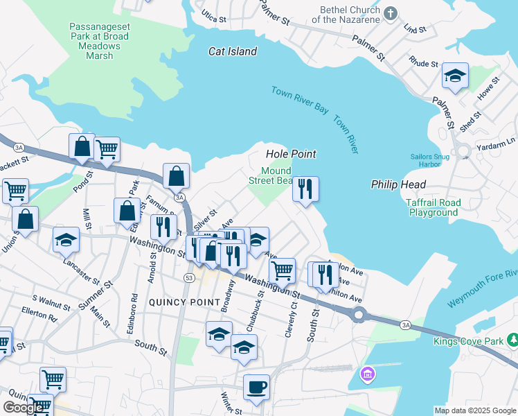 map of restaurants, bars, coffee shops, grocery stores, and more near 52 Harrison Street in Quincy