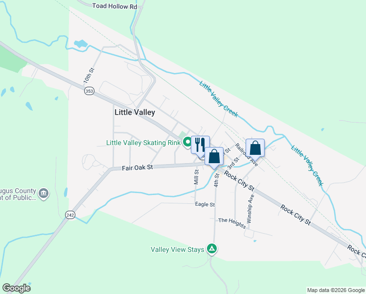 map of restaurants, bars, coffee shops, grocery stores, and more near 216 Erie Street in Little Valley