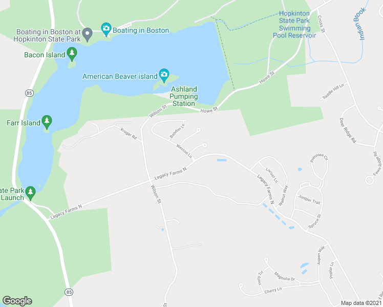 map of restaurants, bars, coffee shops, grocery stores, and more near 1 Weston Lane in Hopkinton