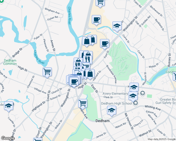map of restaurants, bars, coffee shops, grocery stores, and more near 274 Washington Street in Dedham