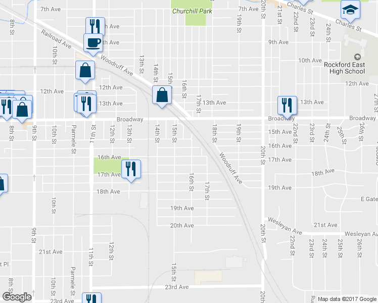 map of restaurants, bars, coffee shops, grocery stores, and more near 2026 16th Avenue in Rockford