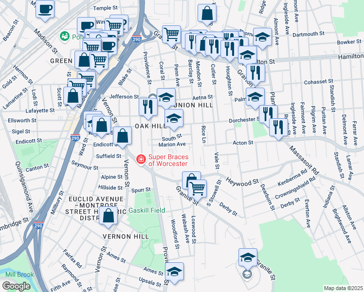 map of restaurants, bars, coffee shops, grocery stores, and more near 24 Marion Avenue in Worcester