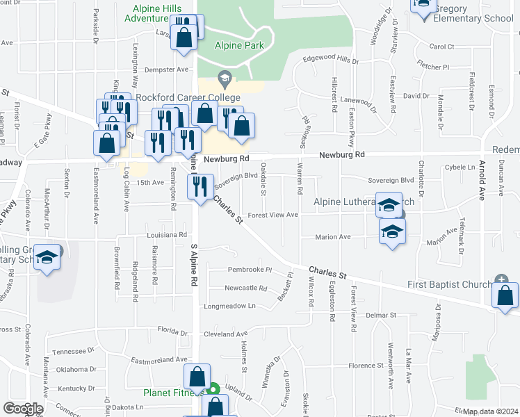 map of restaurants, bars, coffee shops, grocery stores, and more near 4324 Forest View Avenue in Rockford