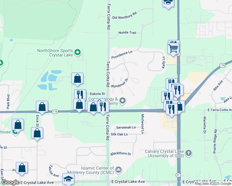 map of restaurants, bars, coffee shops, grocery stores, and more near 338 Sedgewick Court in Crystal Lake